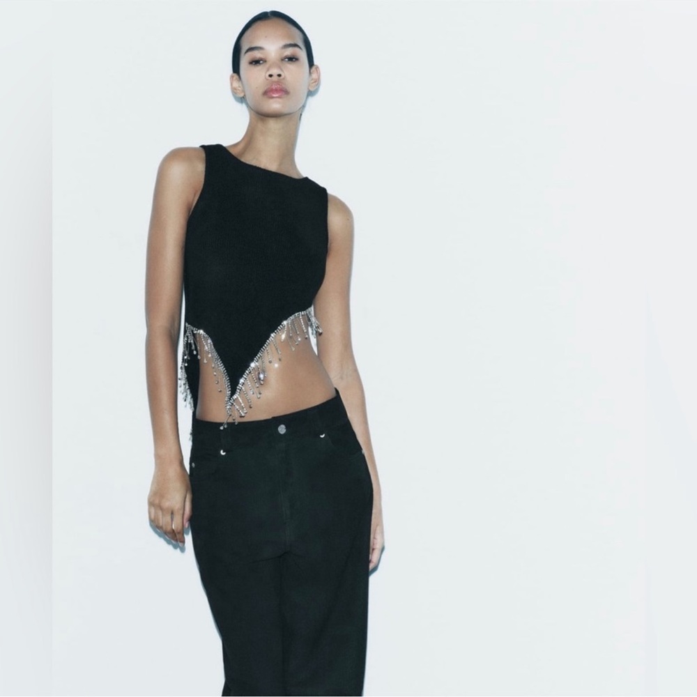 Zara Asymmetric Sleeveless Knit Top w/ Rhinestones - Sz M